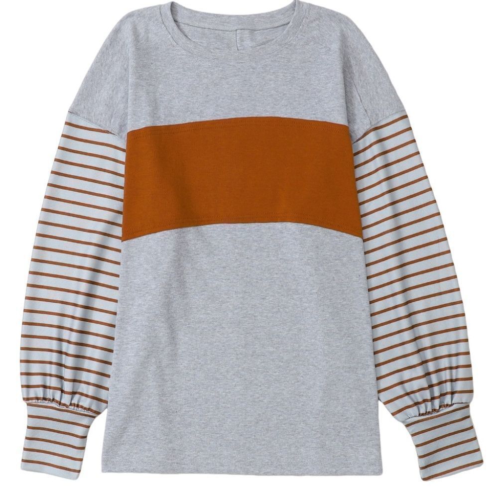 Long Sleeve Crew neck color block shirt bishop sleeve top